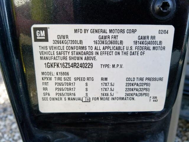 1GKFK16Z54R240229 - 2004 GMC YUKON XL K1500  photo 10