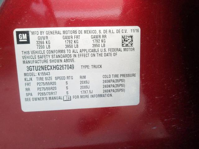 3GTU2NECXHG267049 - 2017 GMC SIERRA K1500 SLT  photo 10