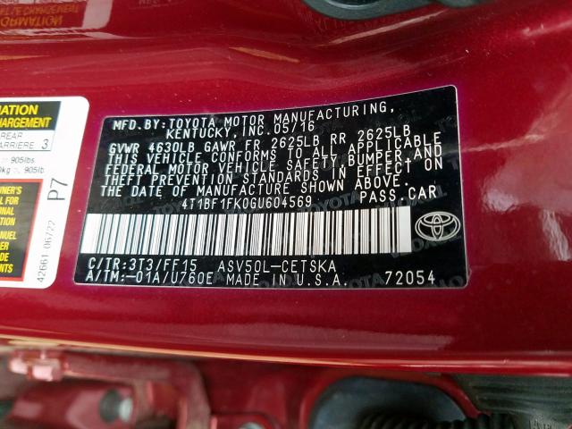 4T1BF1FK0GU604569 - 2016 TOYOTA CAMRY LE  photo 10