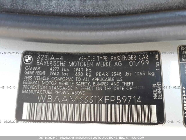 WBAAM3331XFP59714 - 1999 BMW 323I AUTOMATIC SILVER photo 9