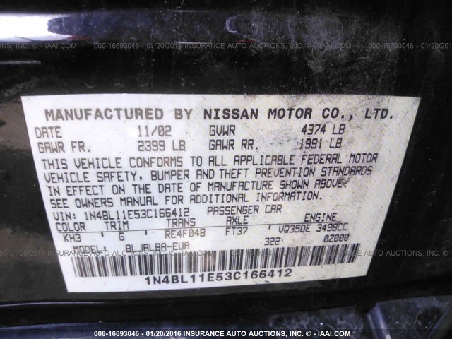 1N4BL11E53C166412 - 2003 NISSAN ALTIMA SE BLACK photo 9