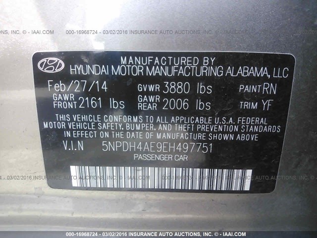 5NPDH4AE9EH497751 - 2014 HYUNDAI ELANTRA SE/SPORT/LIMITED GRAY photo 9