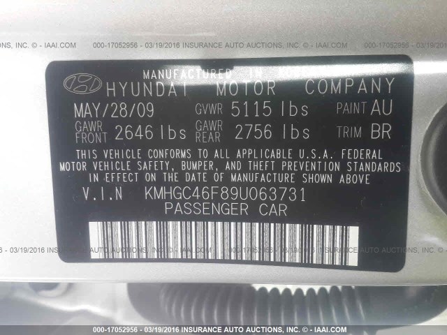 KMHGC46F89U063731 - 2009 HYUNDAI GENESIS 4.6L SILVER photo 9