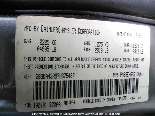 2B3KA43R97H675487 - 2007 DODGE CHARGER SE/SXT SILVER photo 9