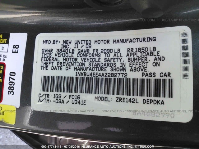 1NXBU4EE4AZ282772 - 2010 TOYOTA COROLLA S/LE/XLE GRAY photo 9