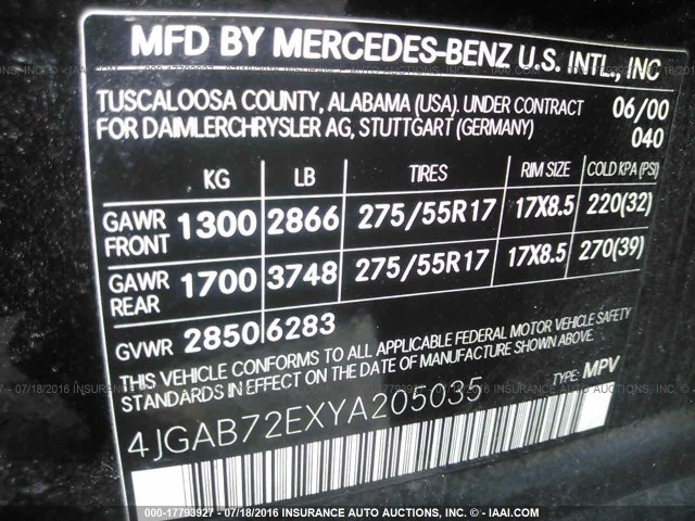 4JGAB72EXYA205035 - 2000 MERCEDES-BENZ ML 430 BLACK photo 9