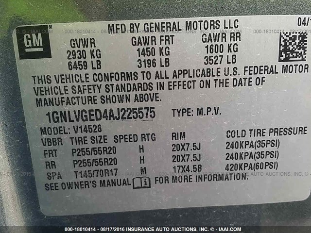 1GNLVGED4AJ225575 - 2010 CHEVROLET TRAVERSE LT GRAY photo 9