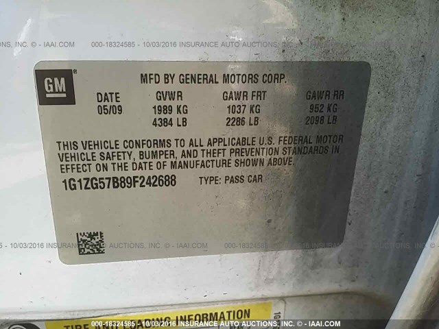 1G1ZG57B89F242688 - 2009 CHEVROLET MALIBU LS 白色 照片 9