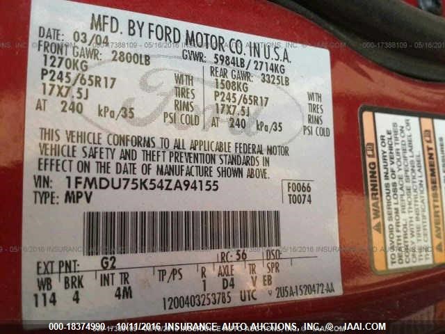 1FMDU75K54ZA94155 - 2004 FORD EXPLORER LIMITED RED photo 9