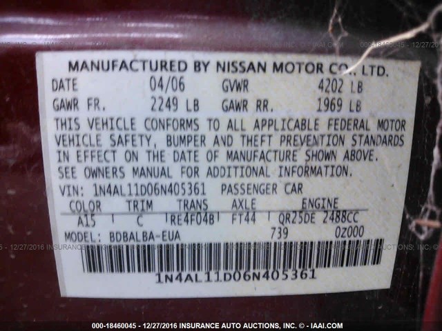 1N4AL11D06N405361 - 2006 NISSAN ALTIMA S/SL RED photo 9