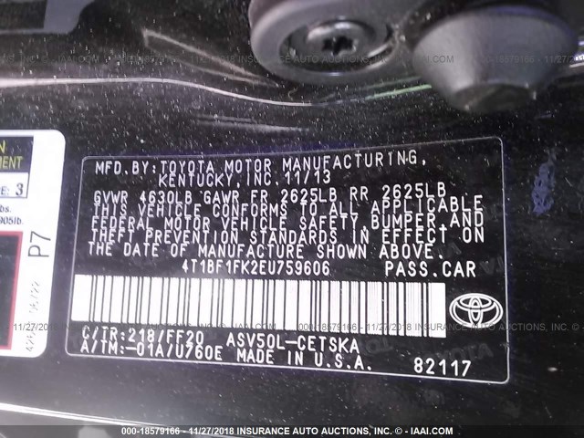 4T1BF1FK2EU759606 - 2014 TOYOTA CAMRY L/SE/LE/XLE Qara foto 9