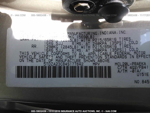 5TDZA23C84S177842 - 2004 TOYOTA SIENNA CE/LE GOLD photo 9