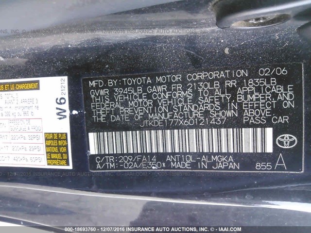 JTKDE177X60121437 - 2006 TOYOTA SCION TC შავი ფოტო 9