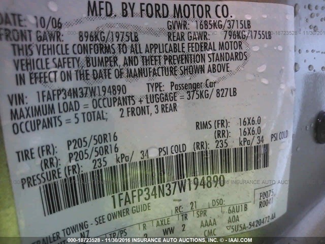 1FAFP34N37W194890 - 2007 FORD FOCUS ZX4/S/SE/SES GREEN photo 9