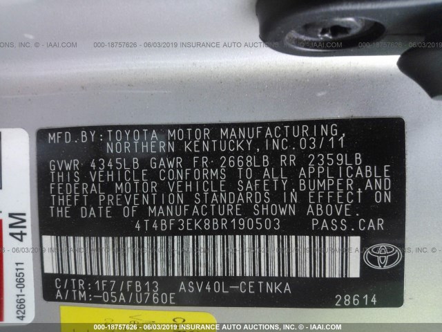 4T4BF3EK8BR190503 - 2011 TOYOTA CAMRY SE/LE/XLE 银色 照片 9