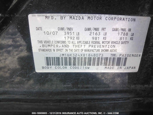 JM1BK324X81848073 - 2008 MAZDA 3 S BLACK photo 9