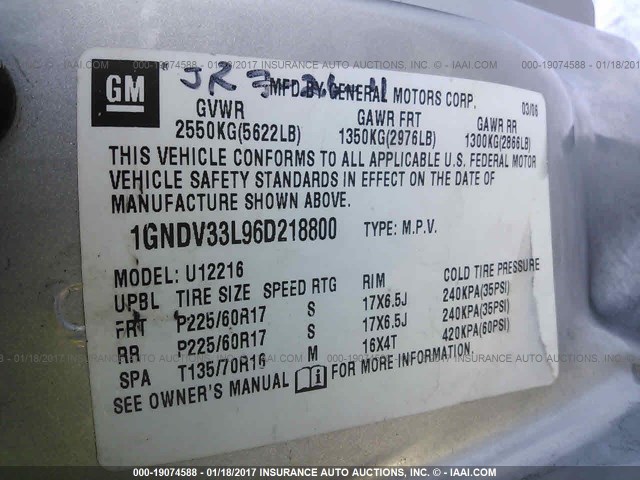 1GNDV33L96D218800 - 2006 CHEVROLET UPLANDER LT SILVER photo 9