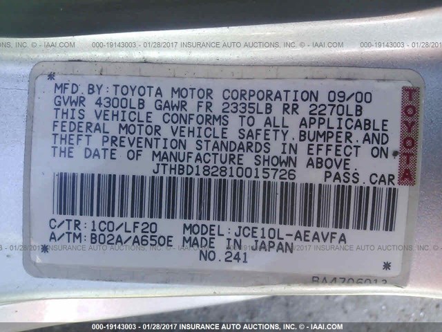 JTHBD182810015726 - 2001 LEXUS IS 300 SILVER photo 9