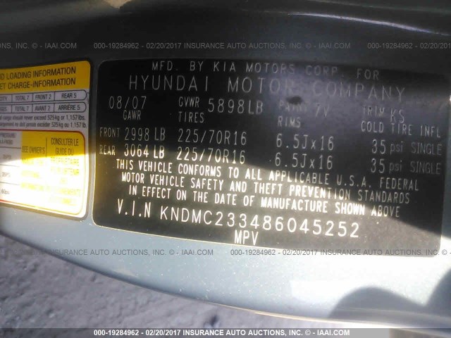 KNDMC233486045252 - 2008 HYUNDAI ENTOURAGE GLS/SE/LIMITED BLUE photo 9