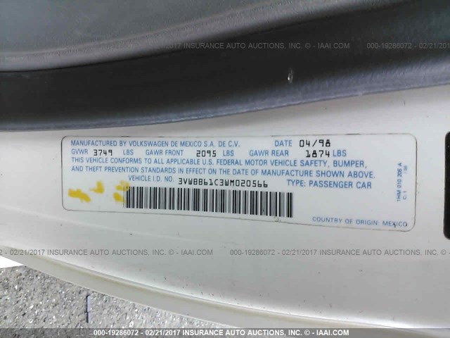 3VWBB61C3WM020566 - 1998 VOLKSWAGEN NEW BEETLE თეთრი ფოტო 9