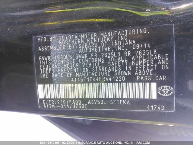 4T4BF1FK4ER441220 - 2014 TOYOTA CAMRY L/SE/LE/XLE 黑色 照片 9