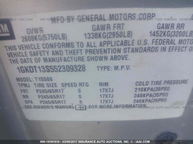 1GKDT13S552309328 - 2005 GMC ENVOY SILVER photo 9