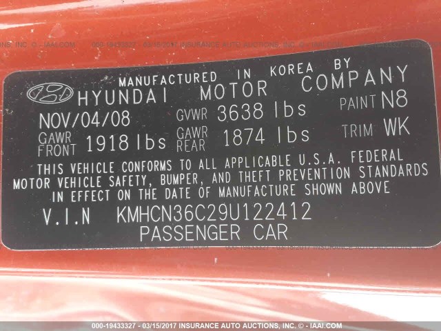 KMHCN36C29U122412 - 2009 HYUNDAI ACCENT SE ORANGE photo 9