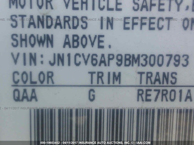 JN1CV6AP9BM300793 - 2011 INFINITI G37 SPORT WHITE photo 9