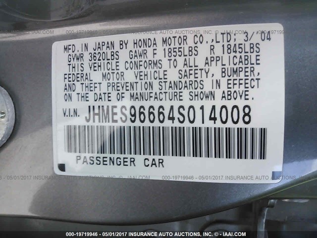 JHMES96664S014008 - 2004 HONDA CIVIC HYBRID GRAY photo 9