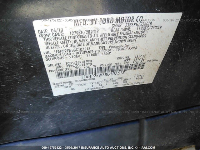 1FAHP2EW3BG107518 - 2011 FORD TAURUS SEL BLACK photo 9