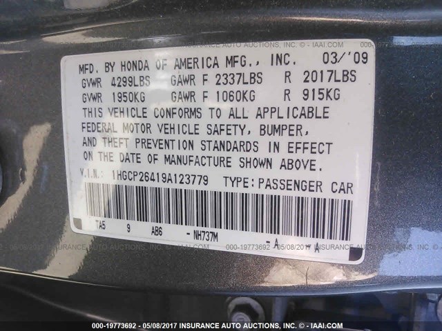 1HGCP26419A123779 - 2009 HONDA ACCORD LXP GRAY photo 9