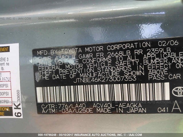 JTNBE46K273007353 - 2007 TOYOTA CAMRY NEW GENERAT CE/LE/XLE/SE GRAY photo 9