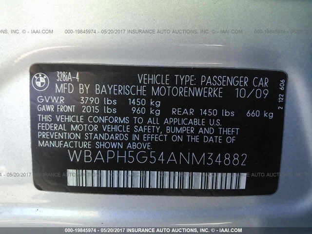 WBAPH5G54ANM34882 - 2010 BMW 328 I SULEV SILVER photo 9