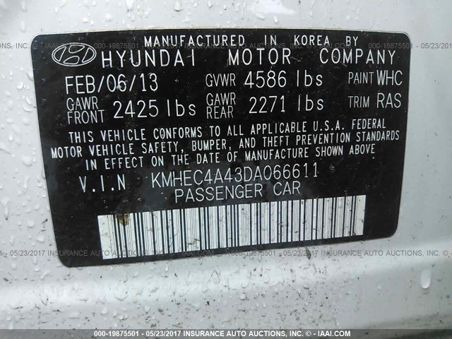 KMHEC4A43DA066611 - 2013 HYUNDAI SONATA HYBRID WHITE photo 9