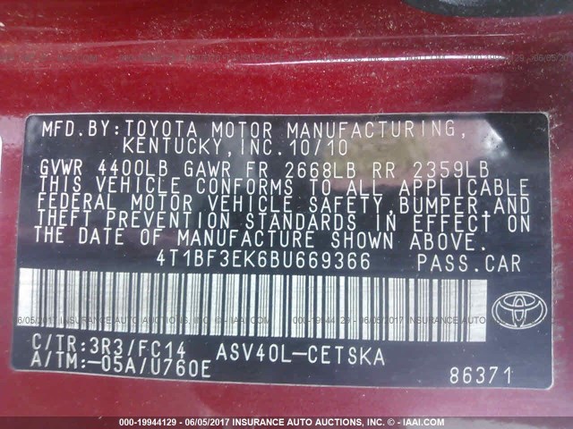 4T1BF3EK6BU669366 - 2011 TOYOTA CAMRY SE/LE/XLE 红色 照片 9