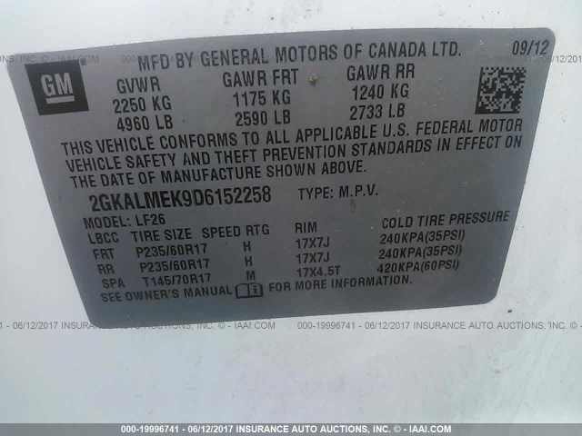 2GKALMEK9D6152258 - 2013 GMC TERRAIN SLE WHITE photo 9