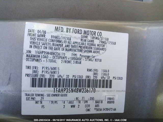 1FAHP35N48W236170 - 2008 FORD FOCUS SE/SEL/SES GOLD photo 9