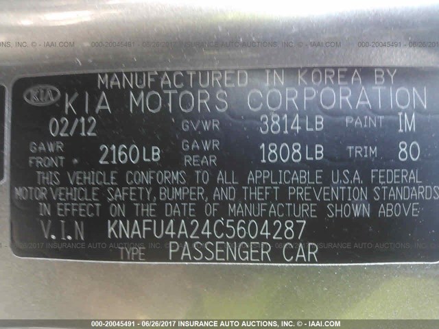 KNAFU4A24C5604287 - 2012 KIA FORTE EX GRAY photo 9