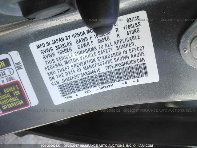 JHMZE2H75AS036616 - 2010 HONDA INSIGHT EX GRAY photo 9