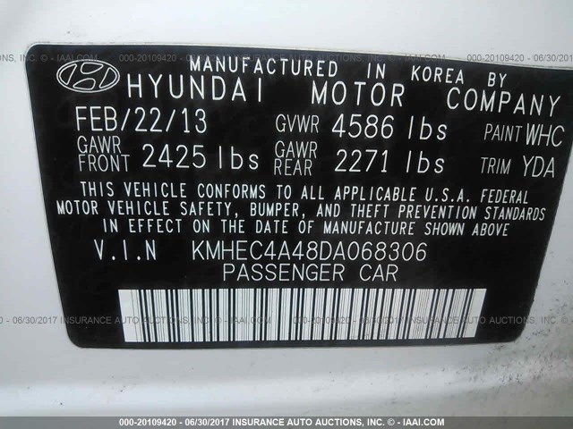 KMHEC4A48DA068306 - 2013 HYUNDAI SONATA HYBRID WHITE photo 9