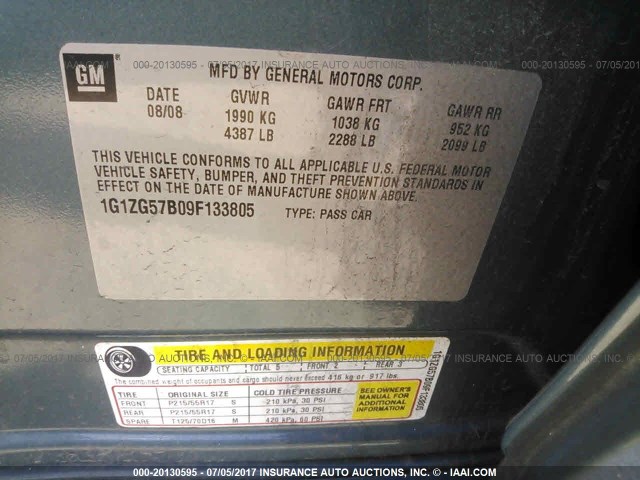 1G1ZG57B09F133805 - 2009 CHEVROLET MALIBU LS 绿色 照片 9