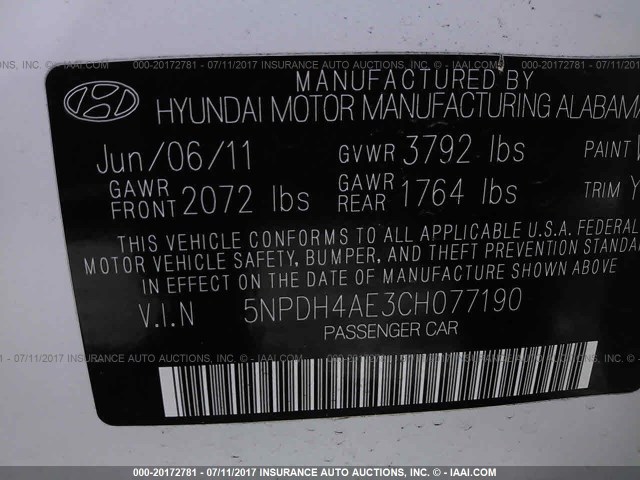 5NPDH4AE3CH077190 - 2012 HYUNDAI ELANTRA GLS/LIMITED WHITE photo 9