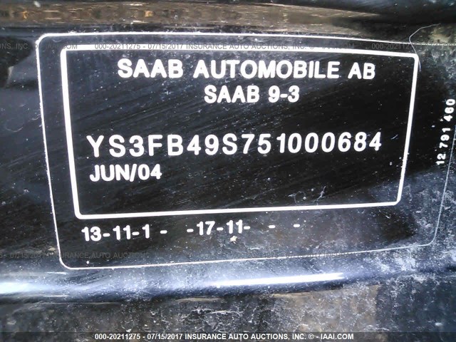 YS3FB49S751000684 - 2005 SAAB 9-3 LINEAR BLACK photo 9