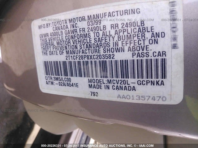 2T1CF28P8XC203582 - 1999 TOYOTA CAMRY SOLARA SE/SLE GOLD photo 9