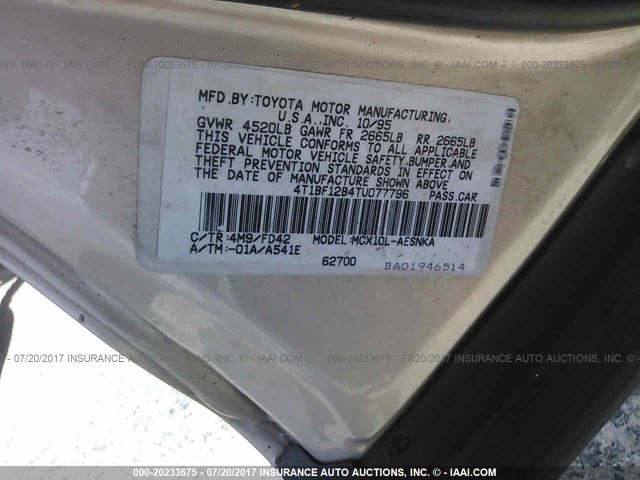 4T1BF12B4TU077796 - 1996 TOYOTA AVALON XL/XLS GOLD photo 9