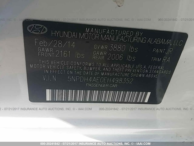 5NPDH4AE0EH498352 - 2014 HYUNDAI ELANTRA SE/SPORT/LIMITED WHITE photo 9