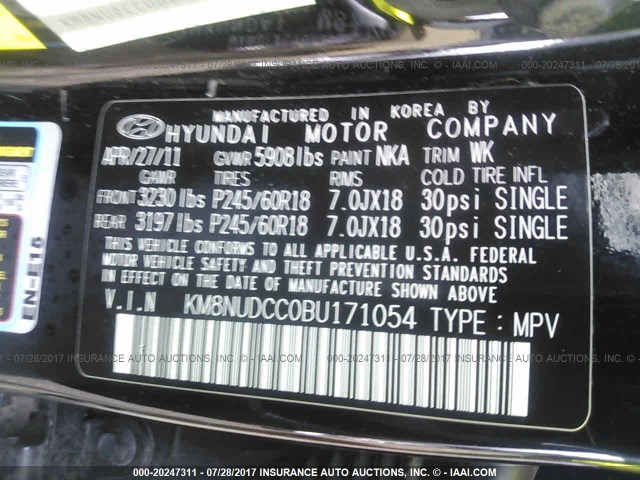 KM8NUDCC0BU171054 - 2011 HYUNDAI VERACRUZ GLS/LIMITED BLACK photo 9