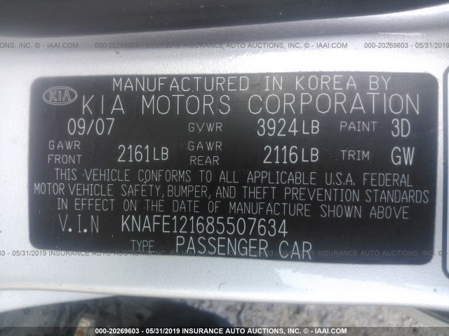 KNAFE121685507634 - 2008 KIA SPECTRA EX/LX/SX SILVER photo 9