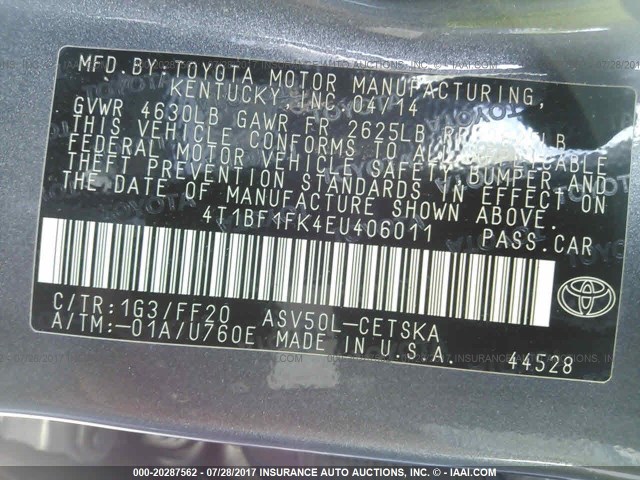 4T1BF1FK4EU406011 - 2014 TOYOTA CAMRY L/SE/LE/XLE 灰色 照片 9