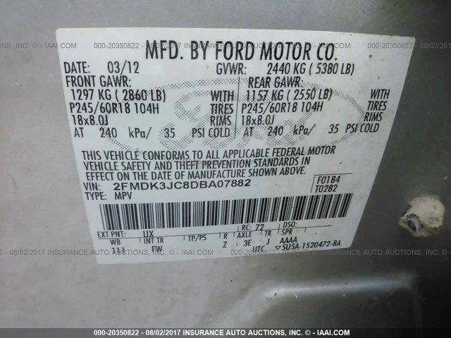 2FMDK3JC8DBA07882 - 2013 FORD EDGE SEL SILVER photo 9